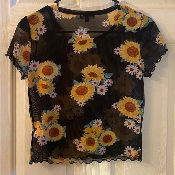 Originality Black Floral Sunflower Mesh Crop Top - Picture 8 of 11